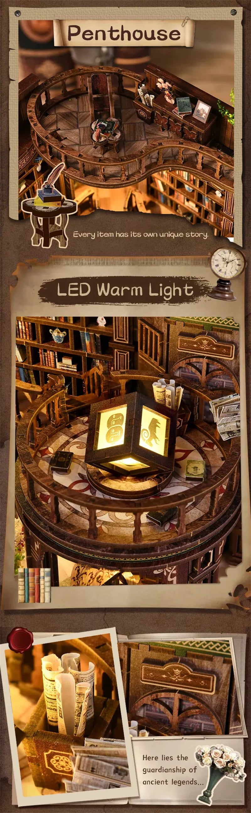 Retro DIY Wooden Dreamy Book Hall House Figurines Miniatures Kits With LED Lights Home Desk Decoration For Adult Handmade Gifts