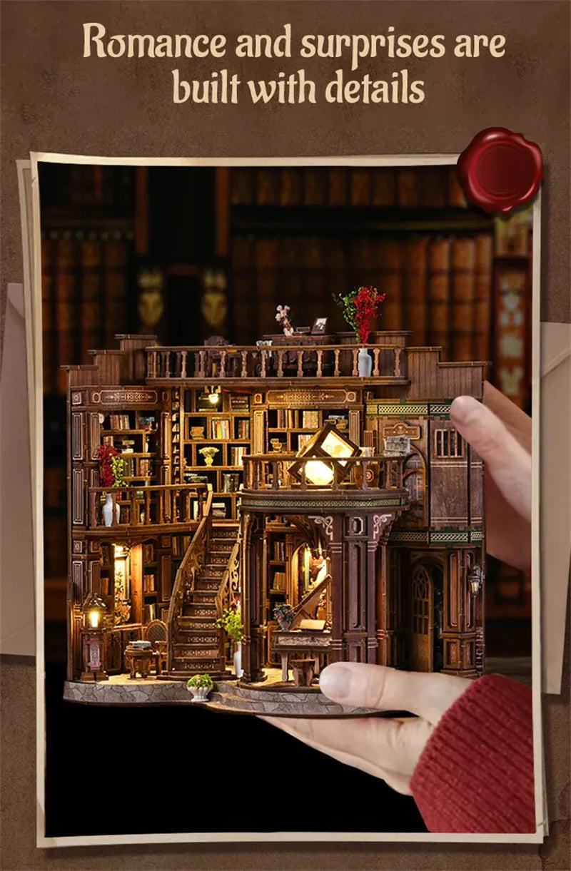 Retro DIY Wooden Dreamy Book Hall House Figurines Miniatures Kits With LED Lights Home Desk Decoration For Adult Handmade Gifts