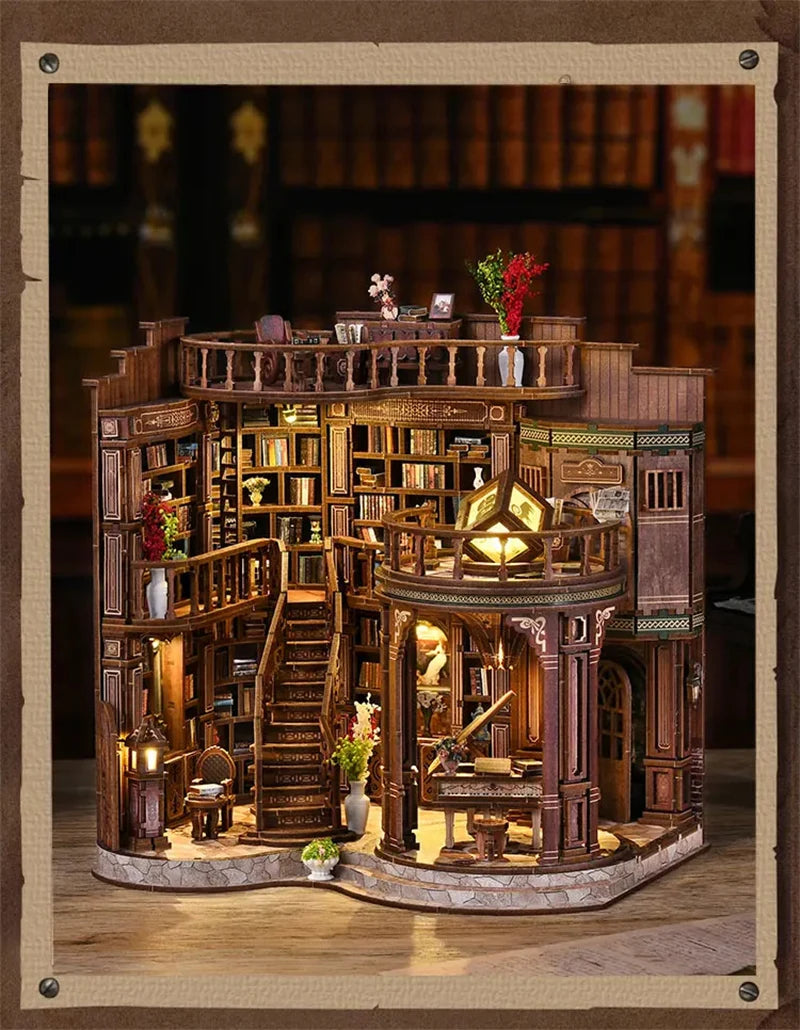 Retro DIY Wooden Dreamy Book Hall House Figurines Miniatures Kits With LED Lights Home Desk Decoration For Adult Handmade Gifts