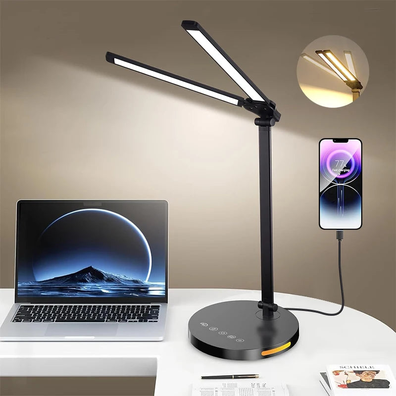 LED Desk Lamps Home Office Bright Double Swing Arm with USB Charging Port Eye-Caring Task Lamp for Work Study