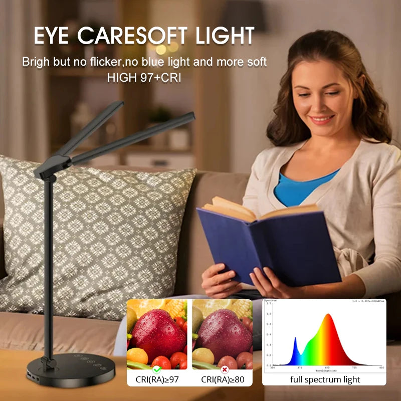 LED Desk Lamps Home Office Bright Double Swing Arm with USB Charging Port Eye-Caring Task Lamp for Work Study