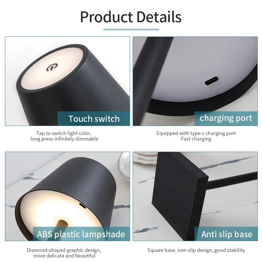 LED Desk Lamp Usb Rechargeable Table Lamp Wireless Touch 3 Color Desktop Night Light
