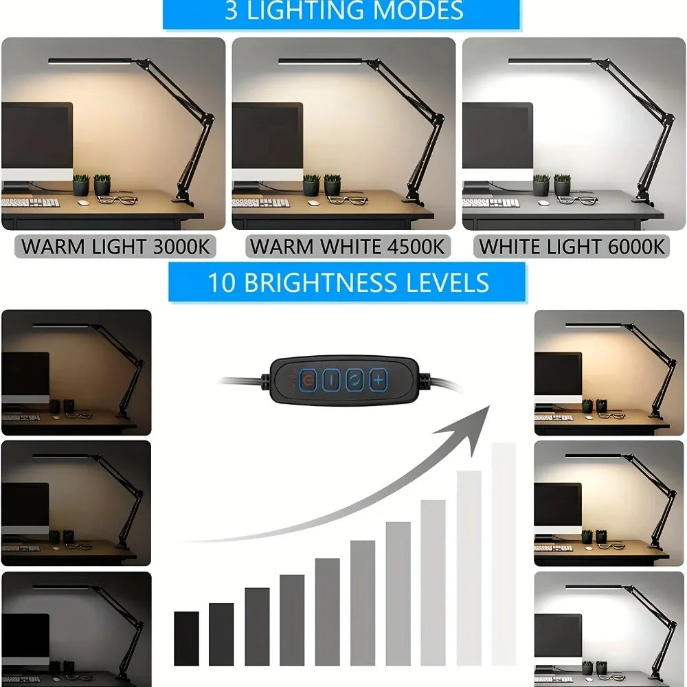 Led Desk Lamp Ultra Bright Dual Desk Light Eye Caring with Clamp Flexible Swing Arm 3 Colors 10 Brightnes For Office Lamp