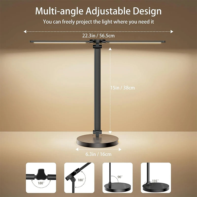 LED Desk Lamps Home Office Bright Double Swing Arm with USB Charging Port Eye-Caring Task Lamp for Work Study