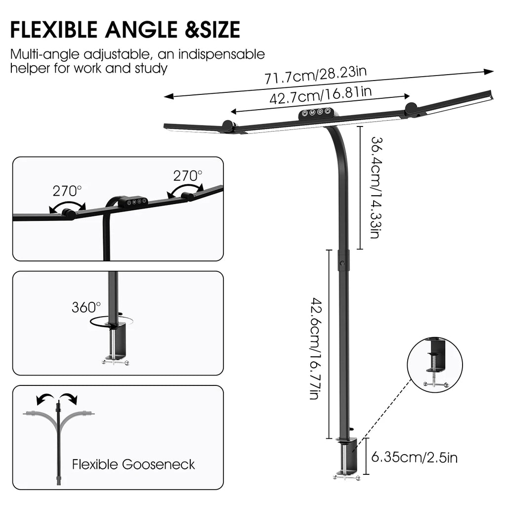 Smart Double Head Led Desk Lamp, Eye-Caring Desk Light with Clamp, Adjustable Flexible Goose-NeckTask