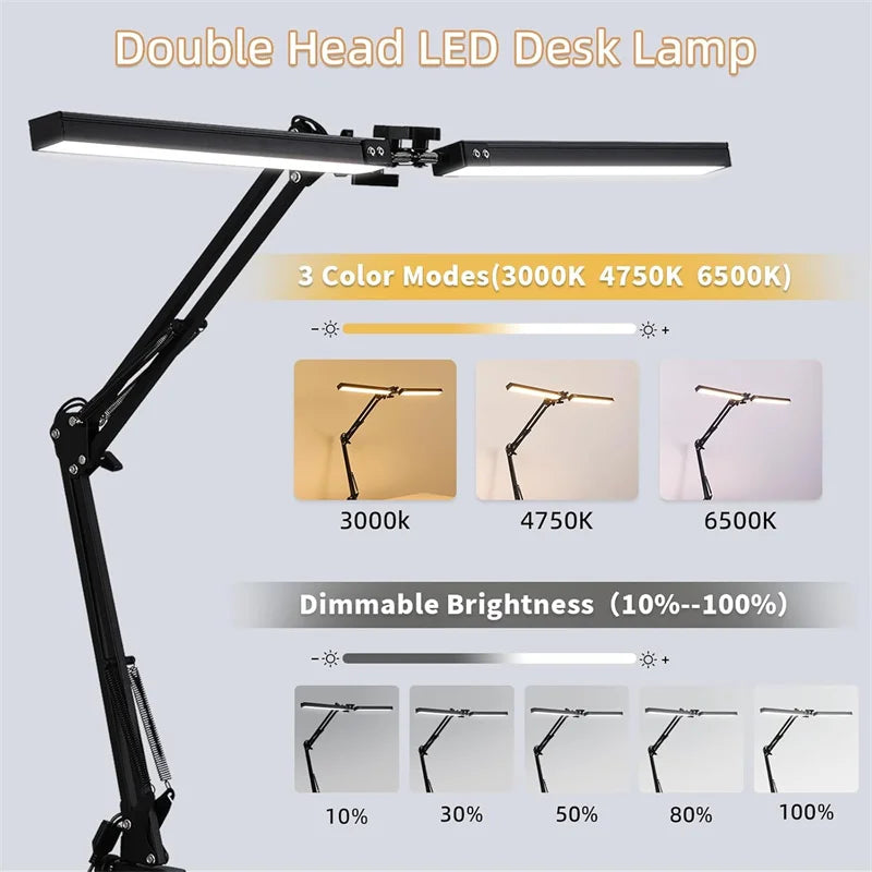 Led Desk Lamp Ultra Bright Dual Desk Light Eye Caring with Clamp Flexible Swing Arm 3 Colors 10 Brightnes For Office Lamp