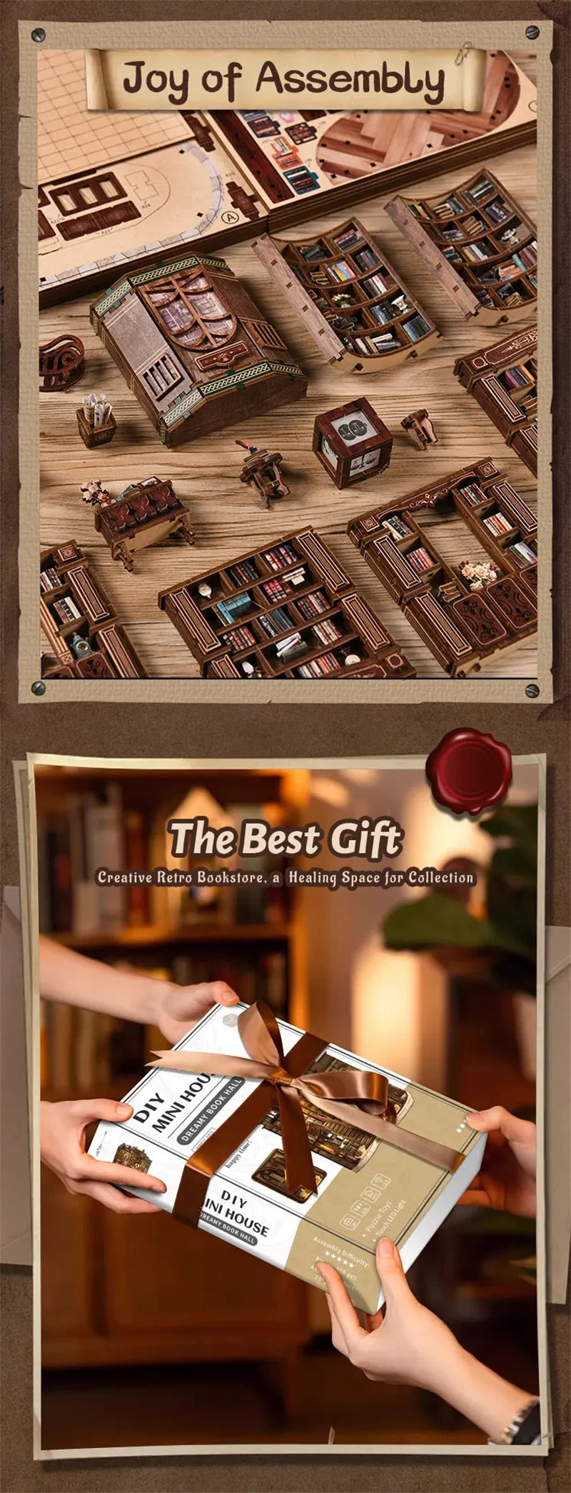 Retro DIY Wooden Dreamy Book Hall House Figurines Miniatures Kits With LED Lights Home Desk Decoration For Adult Handmade Gifts
