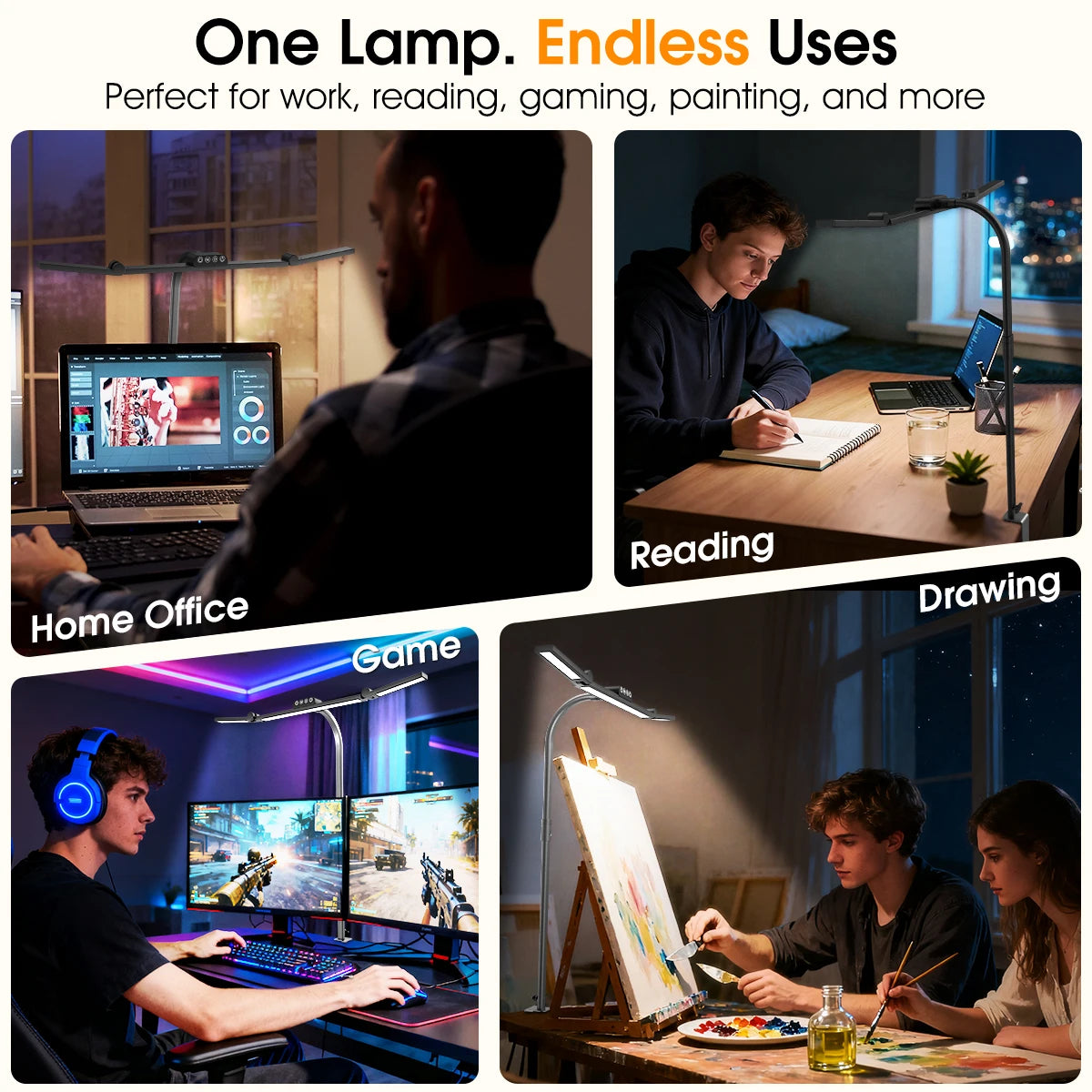 Smart Double Head Led Desk Lamp, Eye-Caring Desk Light with Clamp, Adjustable Flexible Goose-NeckTask