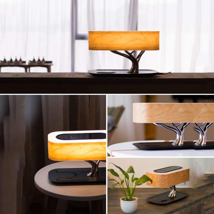 Smart Bedside LED Desk Lamp Built-in Bluetooth Speaker Wireless Phone Charger Smart LED Dimmable