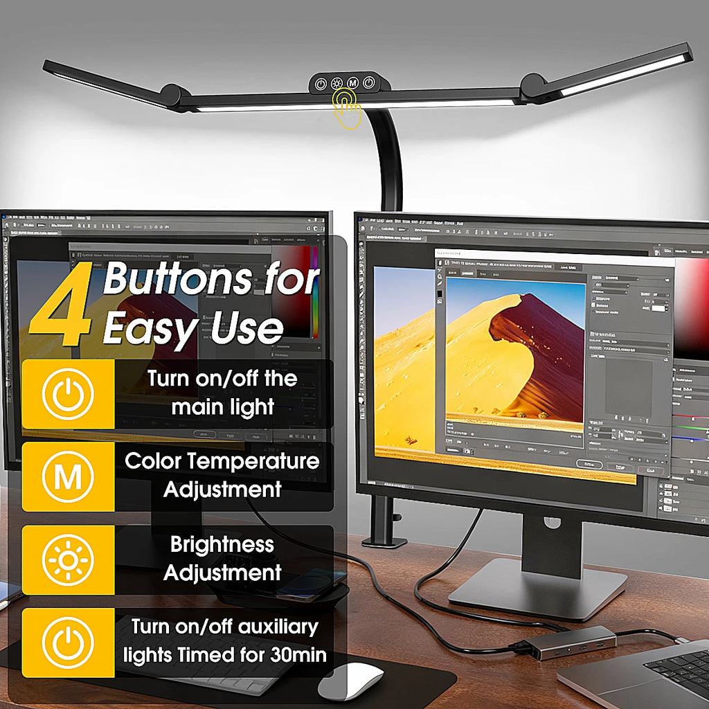 Smart Double Head Led Desk Lamp, Eye-Caring Desk Light with Clamp, Adjustable Flexible Goose-NeckTask