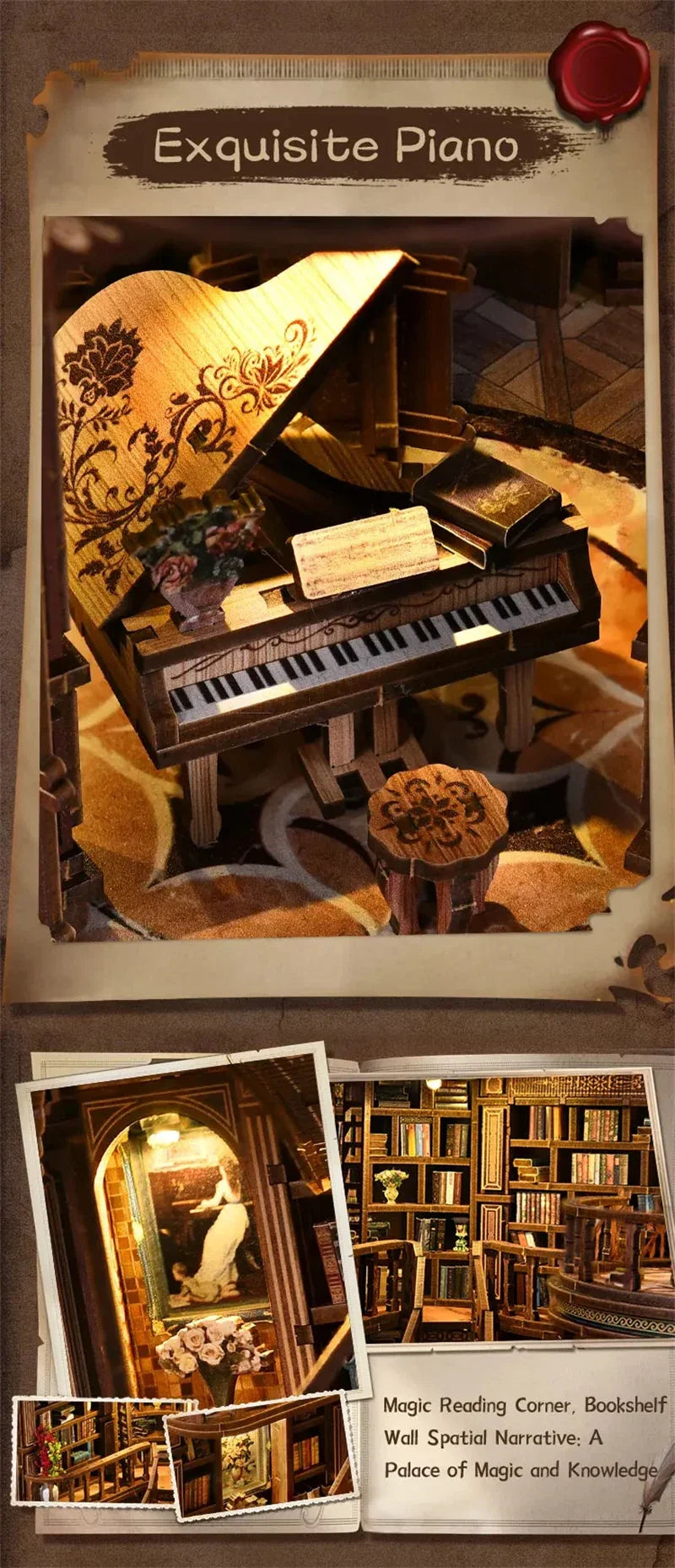 Retro DIY Wooden Dreamy Book Hall House Figurines Miniatures Kits With LED Lights Home Desk Decoration For Adult Handmade Gifts