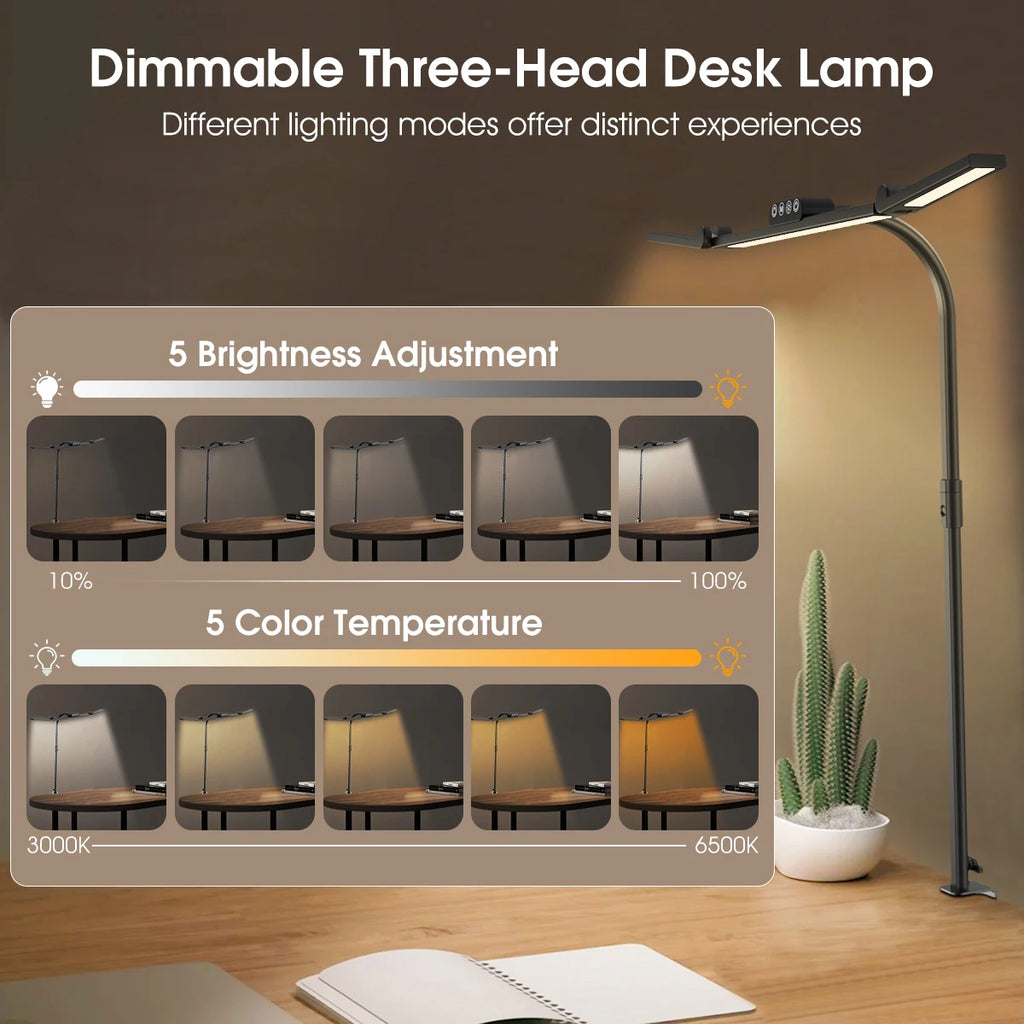 Smart Double Head Led Desk Lamp, Eye-Caring Desk Light with Clamp, Adjustable Flexible Goose-NeckTask