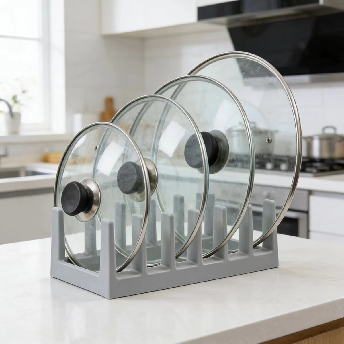 Kitchen Cabinet Organizer for Food Contanier Lid, Large Lid Holder with 6 Dividers for Pantry Organizers