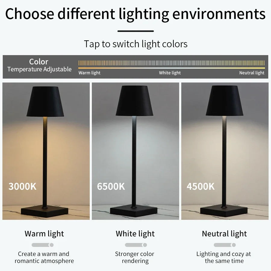 LED Desk Lamp Usb Rechargeable Table Lamp Wireless Touch 3 Color Desktop Night Light