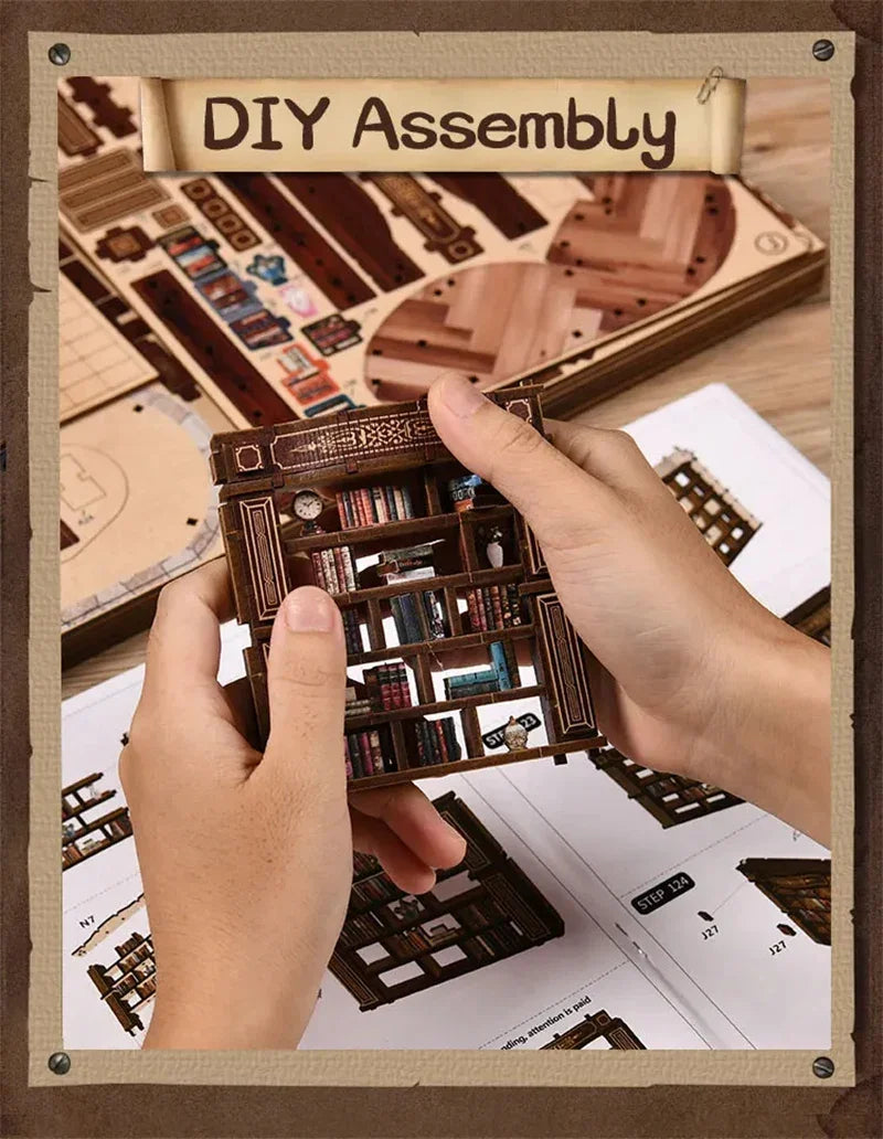 Retro DIY Wooden Dreamy Book Hall House Figurines Miniatures Kits With LED Lights Home Desk Decoration For Adult Handmade Gifts