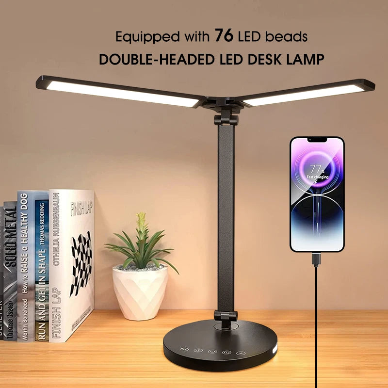 LED Desk Lamps Home Office Bright Double Swing Arm with USB Charging Port Eye-Caring Task Lamp for Work Study