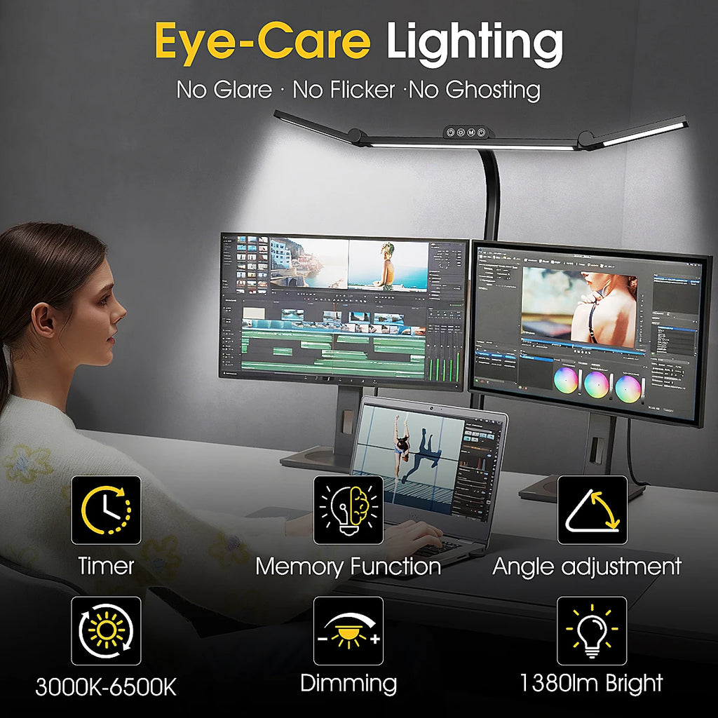 Smart Double Head Led Desk Lamp, Eye-Caring Desk Light with Clamp, Adjustable Flexible Goose-NeckTask