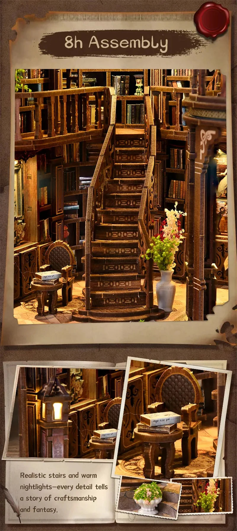 Retro DIY Wooden Dreamy Book Hall House Figurines Miniatures Kits With LED Lights Home Desk Decoration For Adult Handmade Gifts