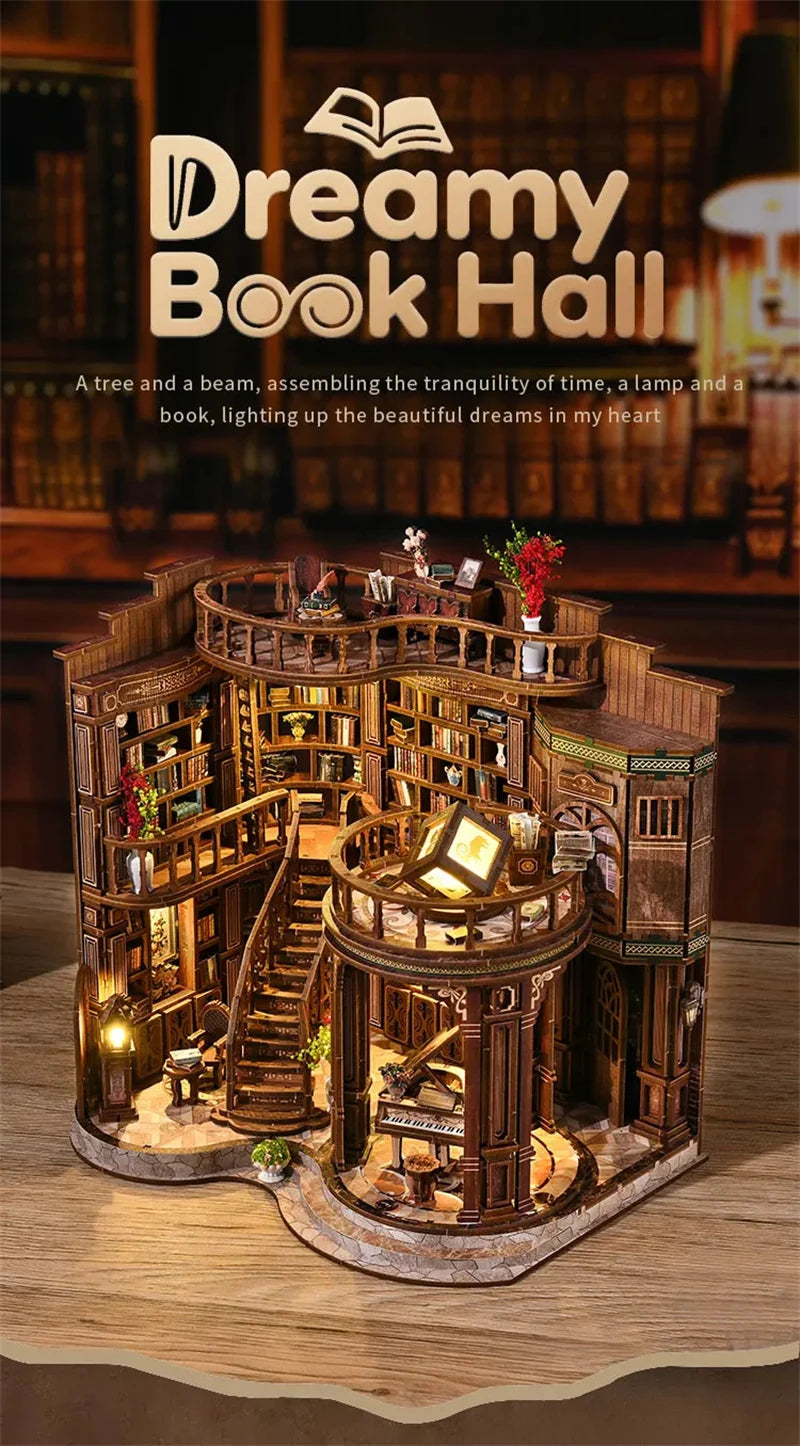Retro DIY Wooden Dreamy Book Hall House Figurines Miniatures Kits With LED Lights Home Desk Decoration For Adult Handmade Gifts