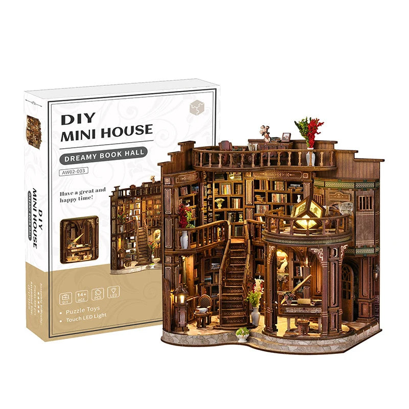Retro DIY Wooden Dreamy Book Hall House Figurines Miniatures Kits With LED Lights Home Desk Decoration For Adult Handmade Gifts