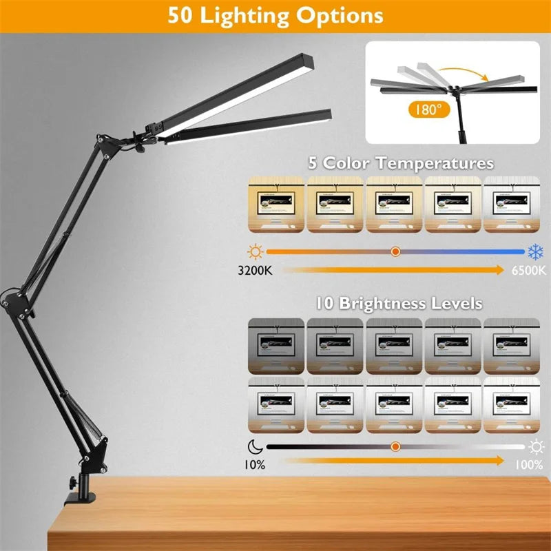Led Desk Lamp Ultra Bright Dual Desk Light Eye Caring with Clamp Flexible Swing Arm 3 Colors 10 Brightnes For Office Lamp
