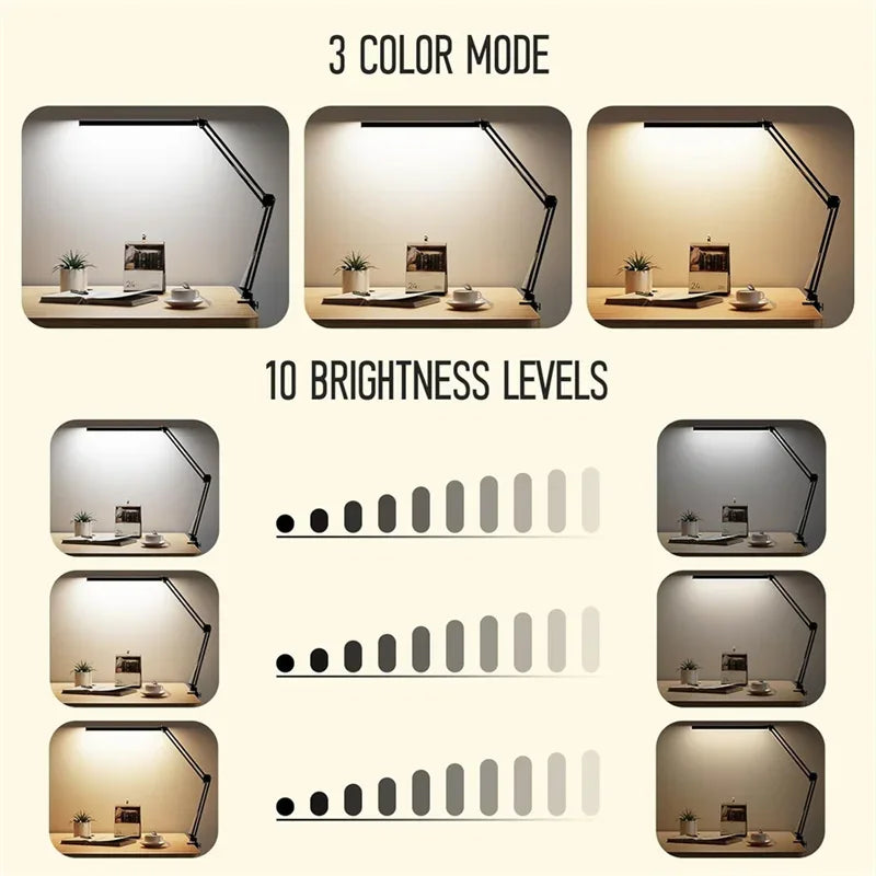 Led Desk Lamp Ultra Bright Dual Desk Light Eye Caring with Clamp Flexible Swing Arm 3 Colors 10 Brightnes For Office Lamp